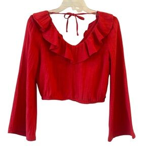 Roxy Red Ruffle Long Wide Sleeves Cropped Elastic Top Small